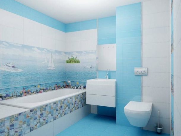 Blue White Aqua Bathroom Tiles and Accessories Decorating Ideas