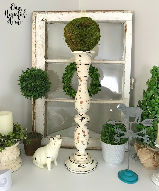 chippy shabby farmhouse candlestick boxwood wreath topiary vintage window sheep weather vane