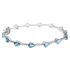 10k White Gold Blue Topaz Bracelet Diamond Accent, 7.25 Inches