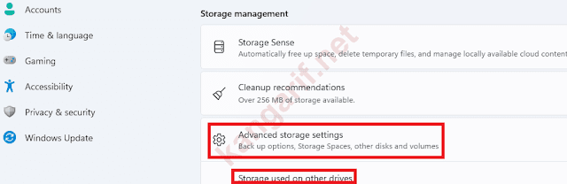 klik advanced storage settings --> storage used on other drives