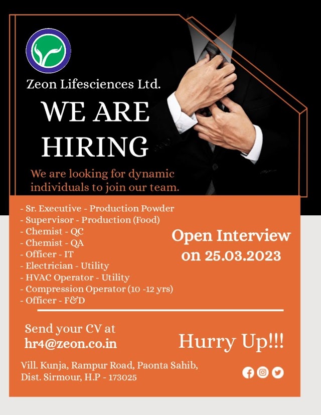 Zeon Life Sciences Pvt | Walk-in Interview for Multiple Positions on 25th March 2023