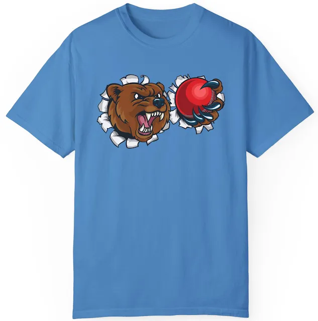 Garment Dyed Personalized Cricket T-Shirt With An Angry Brown Bear Holding a Red Cricket Ball and Breaking Through the Background with Its Claws