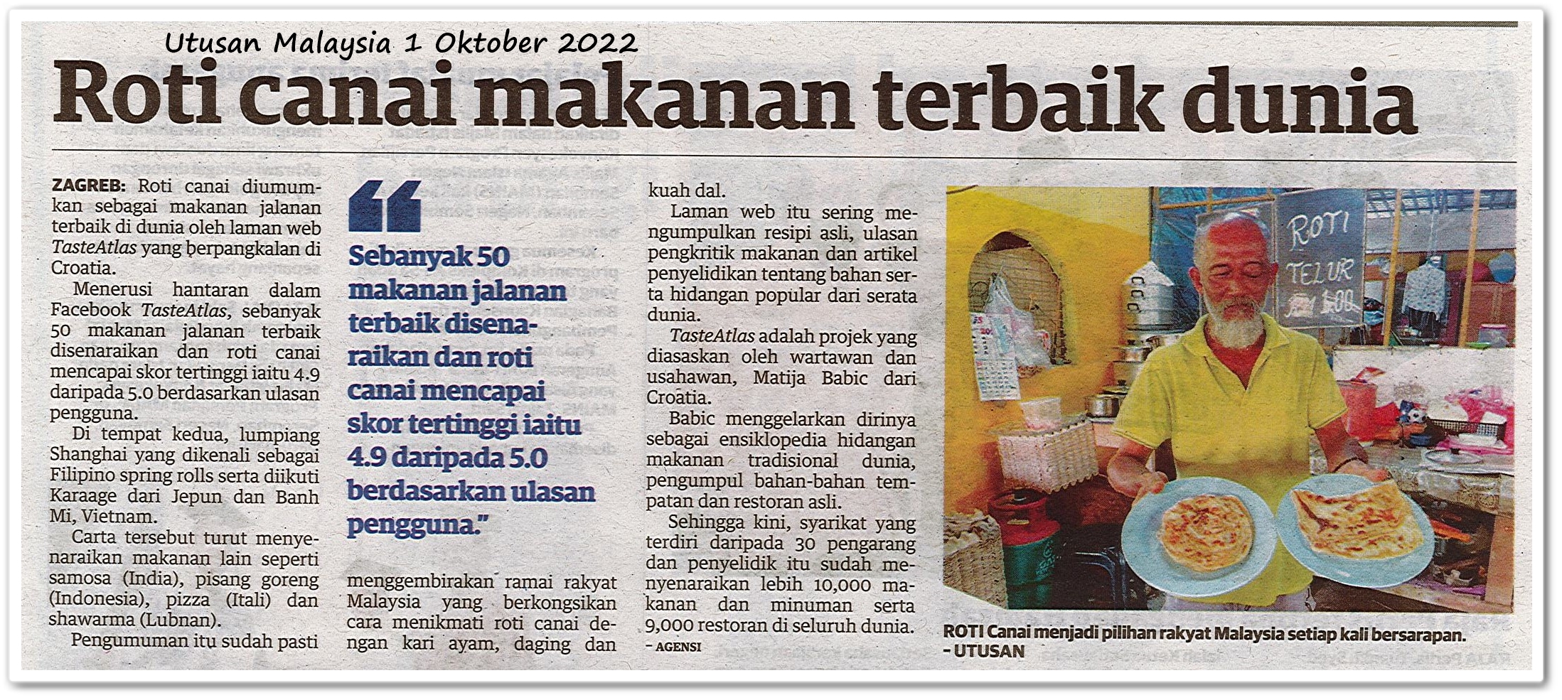 Roti canai makanan terbaik dunia - Keratan akhbar Utusan Malaysia 1 Oktober 2022