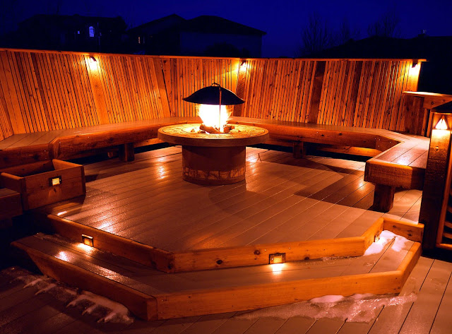 amazing wooden terrace with deck lighting ideas along with long wooden seat and stacked wooden floor