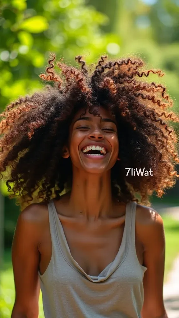 Joyful woman dances outdoors, showcasing her voluminous natural curls under bright sunlight.