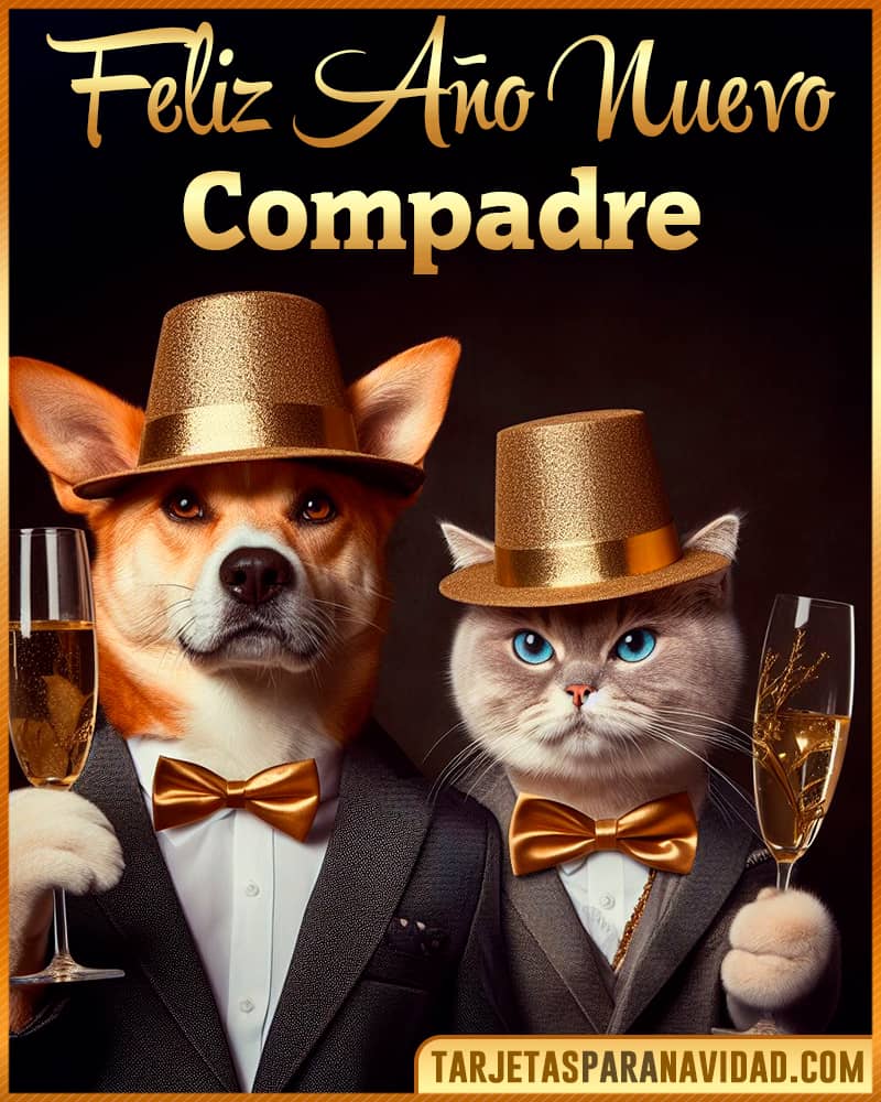 Tarjeta De Feliz Año Nuevo De Perro Y Gato Para Compadre