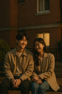 A smiling Korean couple sitting on a bench in the evening light