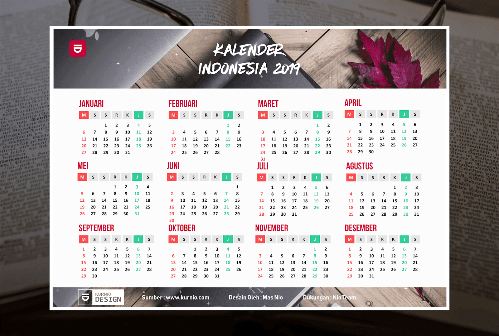 Kalender 2019 Vektor Lengkap tanggal Merah, Hijriyah, Jawa 