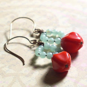 aqua blue red vintage czech glass pod dangle earrings