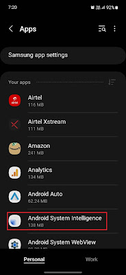 Android system intelligence app info OneUI
