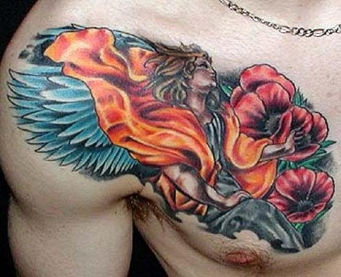 heart tattoos for men on chest. Angel tattoos for men on chest
