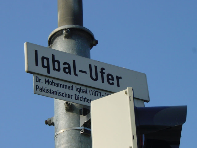 Name plate of a street Iqbal-Ufer, Heidelberg, Germany, honoured in the name of Iqbal.