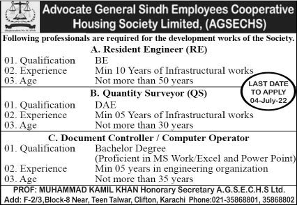 Advocate General Sindh Employees Cooperative Housing Society Karachi June 2022 June AGSECHS Latest Jobs in Pkjobstrack