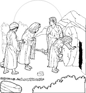 woman and people looking at empty tomb of Jesus, coloring page picture for children download free Christian clip art images