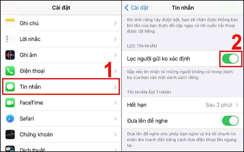 Kéo sang phải để bật Lọc người gửi ko xác định