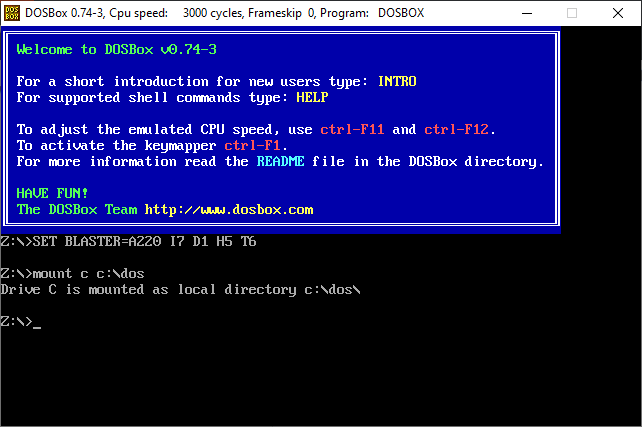 DOSBox screen after the "Mount C" command