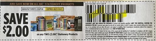 $2.00/2 Bic Stationary Coupon from "SMARTSOURCE" insert week of 8/1/21