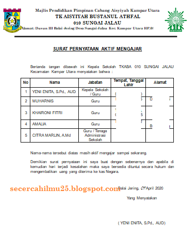 Format Surat Pernyataan Aktif Mengajar Pendidik dan Tenaga Kependidikan Secara Kolektif 2020