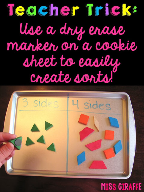 Use a dry erase marker to write on cookie sheets to create a ton of fun math sorts! So many teach ideas on this site!