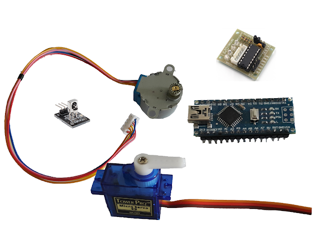 Arduino + stepper motor + servo motor + IR receiver