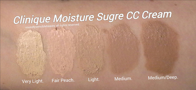 Clinique CC Cream; Moisture Surge, Hydrating Colour/Color Corrector SPF 30; Review & Swatches of Shades Very Light, Fresh Peach, Light, Medium, Medium Deep, Deep