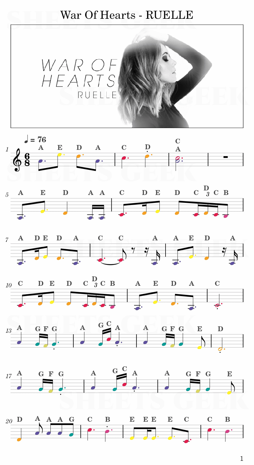 War Of Hearts - RUELLE Easy Sheet Music Free for piano, keyboard, flute, violin, sax, cello page 1