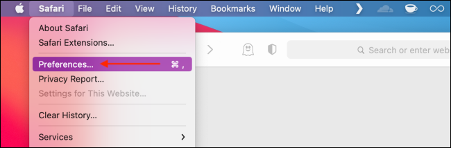 حدد التفضيلات من قائمة Safari
