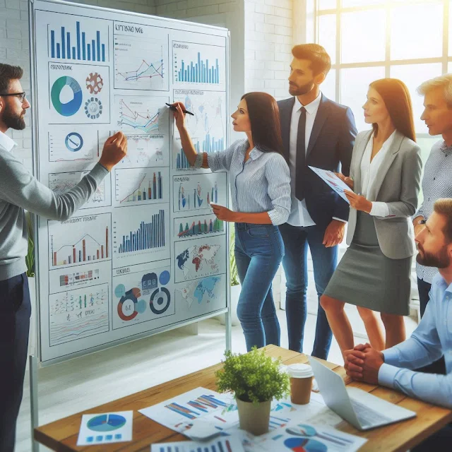 A marketing team analyzing charts and graphs on a whiteboard