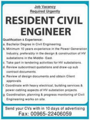 Resident Civil Engineer in Kuwait needed with Experience in Power ...