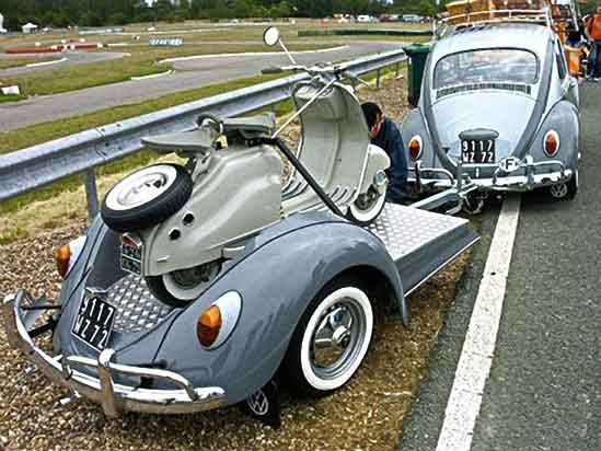 A VW Bug pulling a Lambretta on a VW Bug trailer So we're using something