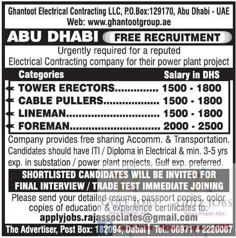 Fre job recruitment for Abudhabi