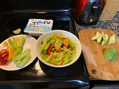 Preparation for a silken tofu salad.