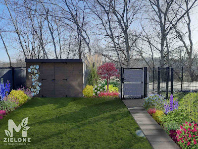 Wizualizacja wiosna projektu małego ogródka w zabudowie szeregowej