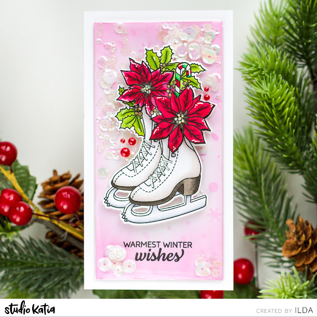 Christmas Floral Skates, Mini Slimline Shaker,Studio Katia,Card Making, Stamping, Die Cutting, handmade card, ilovedoingallthingscrafty, Stamps, how to, ink blending, stencils, Shaker pockets,