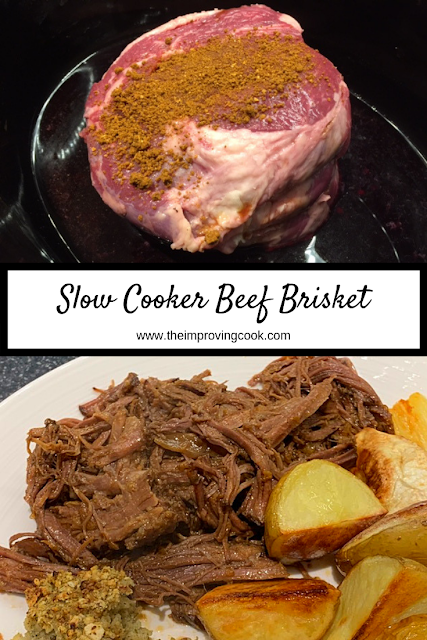 slow cooked beef brisket in the slow cooker and on a plate