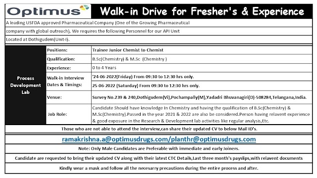 Optimus Drugs | Walk-in interview for Freshers and Experienced on 24th & 25th June 2022
