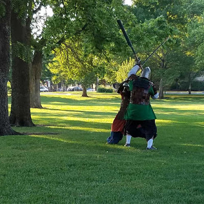 Two people in medieval armour in a grassy, sunny park with large trees. The taller person, in a green tunic, is swinging a polearm high to bring it down, where it's blocked by the shorter, red-coated person's greatsword.