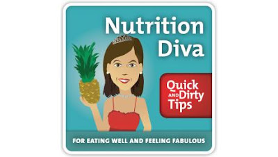 Graphic in blue that says "The Nutrition Diva" with a woman holding a pineapple.