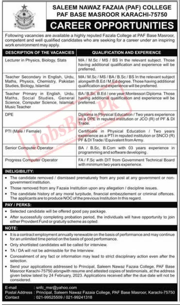 Saleem Nawaz Fazaia College PAF Base Masroor Karachi Jobs 2023 - Latest Advertisement