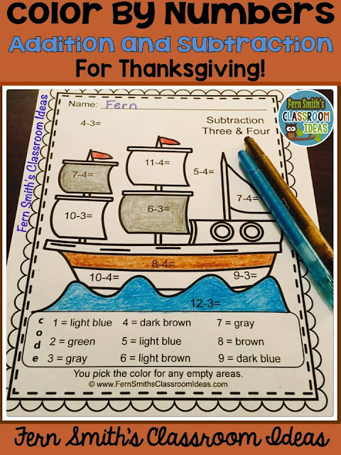 Fern Smith's Classroom Ideas Color By Numbers Addition and Subtraction Thanksgiving Fun at TeacherspayTeachers.