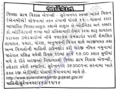 DRDA - Co-ordinator & Cluster Co-ordinator Job Posts Recruitment For Surendranagar Taluka - 2016