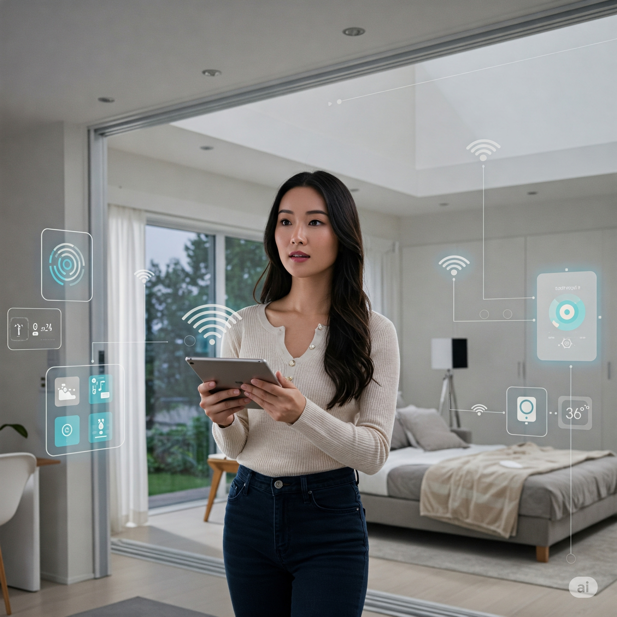 Home automation concept with beautiful woman and networked smart appliances via IoT technology