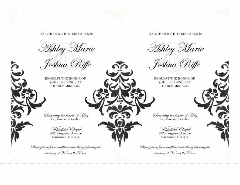 The black and white damask wedding invitation template may be purchased from