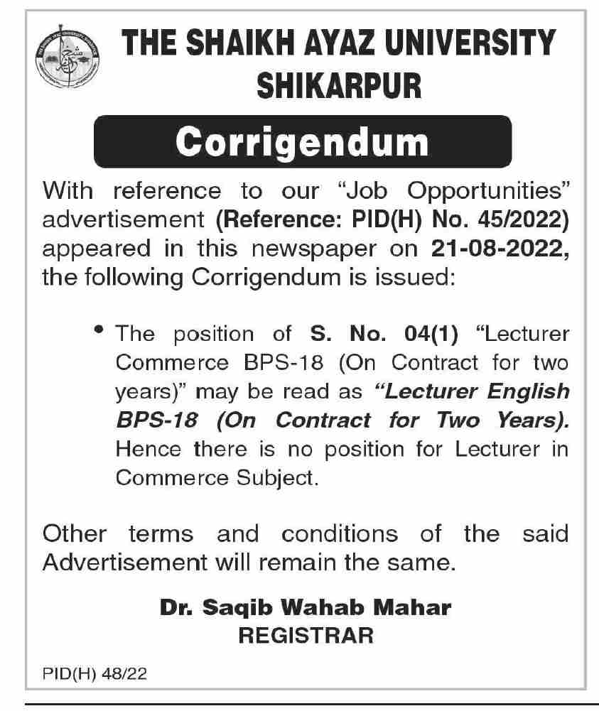 The Shaikh Ayaz University Shikarpur SAUS Jobs 2022