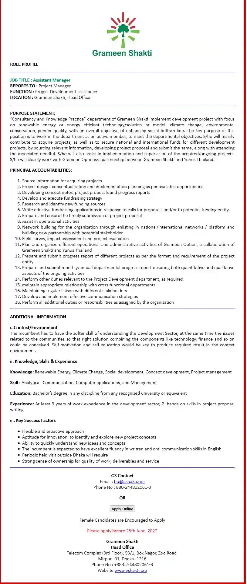 grameen shakti job circular 2022