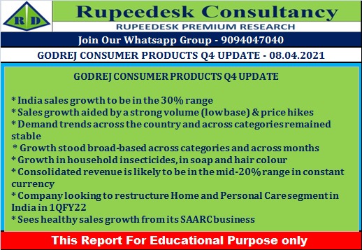 GODREJ CONSUMER PRODUCTS Q4 UPDATE - Rupeedesk Reports