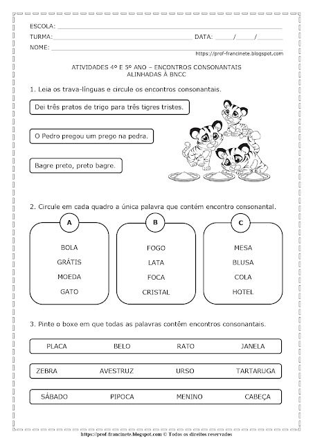 Atividades 4º e 5º ano – Encontros consonantais