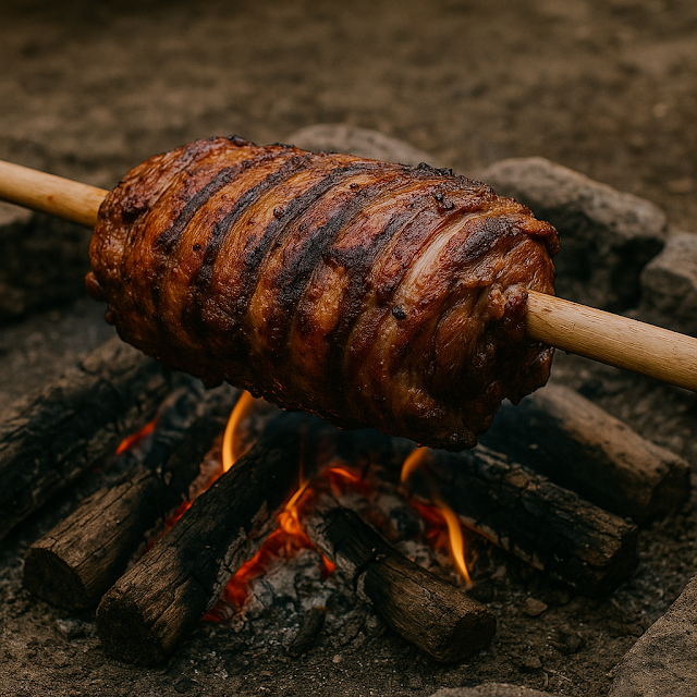 Carne con hueso cocinándose lentamente sobre brasas vivas, evocando los primeros métodos de cocción humana en la prehistoria.