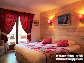 warm bedroom, red window treatments