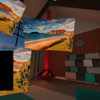 VRのロッジで暖炉とディスプレイが並んだ画像